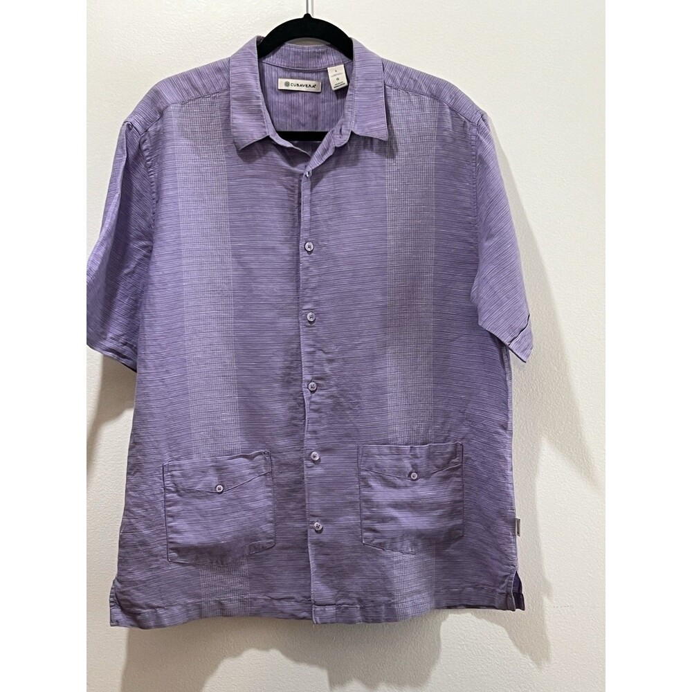 Cubavera L Purple Striped Linen/Cotton Short Sleeve Button-Up Shirt